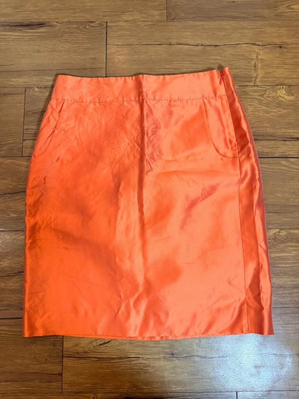 J. Crew Silk Pencil Skirt Size 4 Orange Lined Stain Flaw